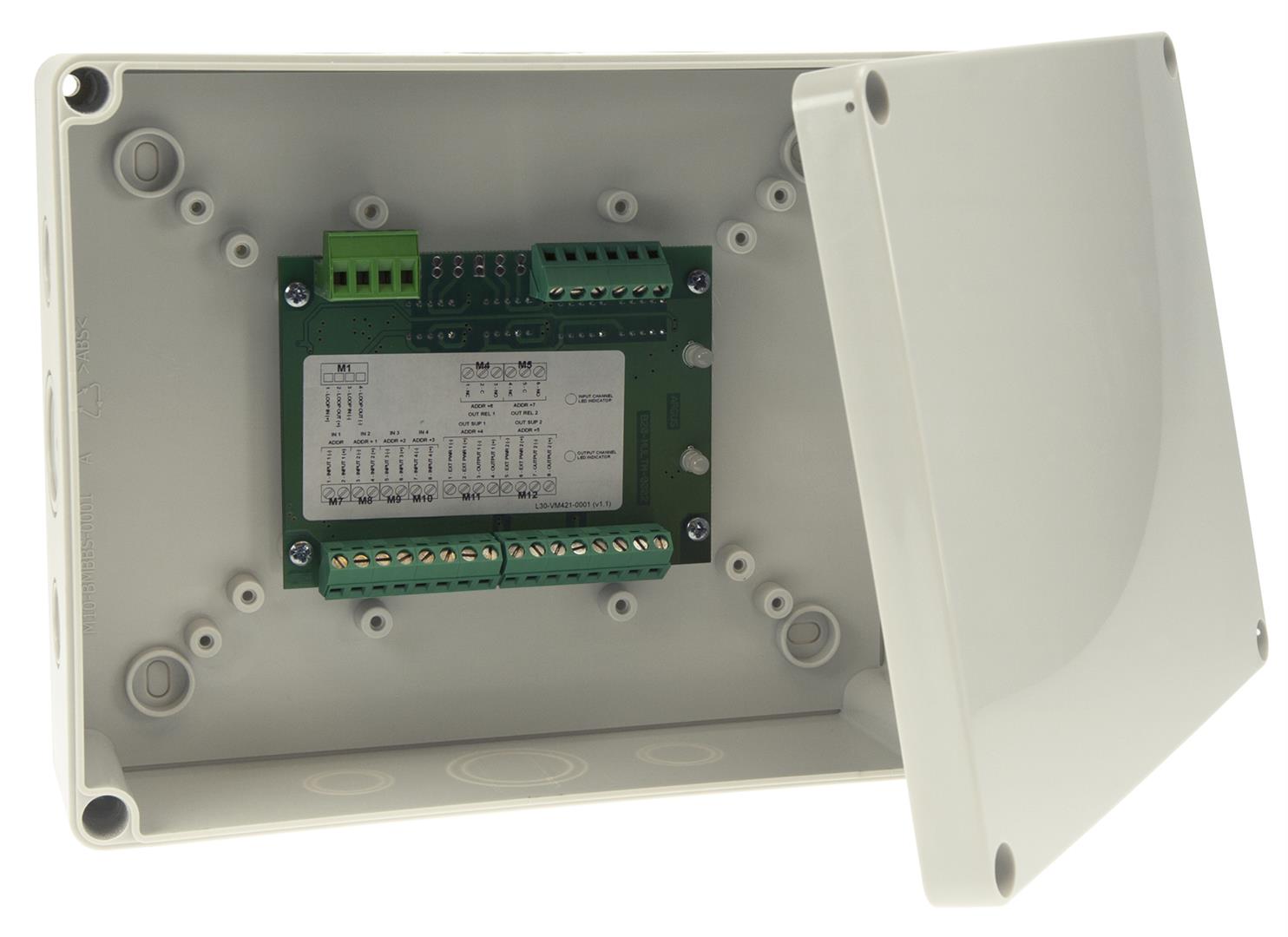 Multi-modulo 4 ingressi analogici supervisionati, 2 uscite relè contatti liberi da potenziale, 2 uscite supervisionate